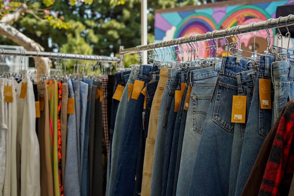 A vibrant selection of jeans on display at an outdoor market

