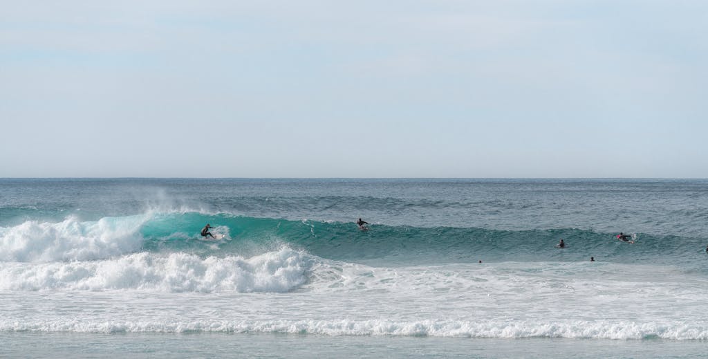 Surfers riding dynamic ocean waves under a clear sky, enjoying an exhilarating water sport experience.